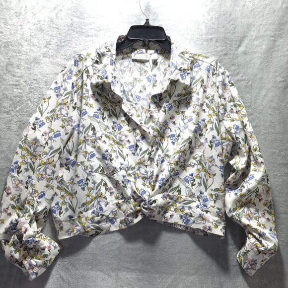 7th Avenue New York & Company Floral Button-Up Blouse XL Semi-Crop front knot - Picture 1 of 11